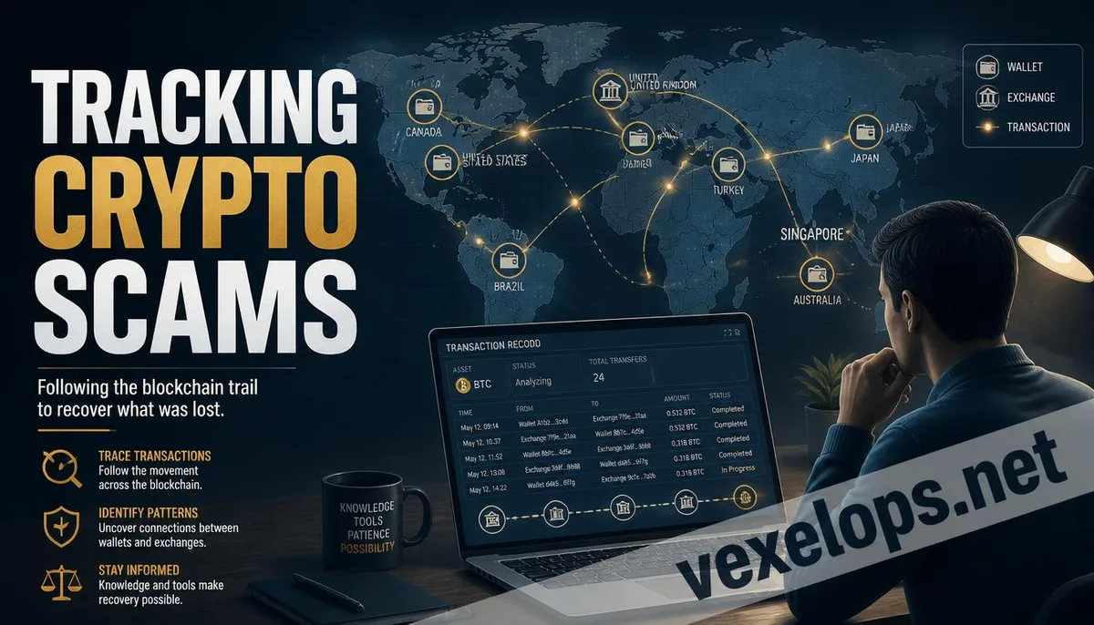 Concept of victims organizing international cryptocurrency transaction records and seeking assistance