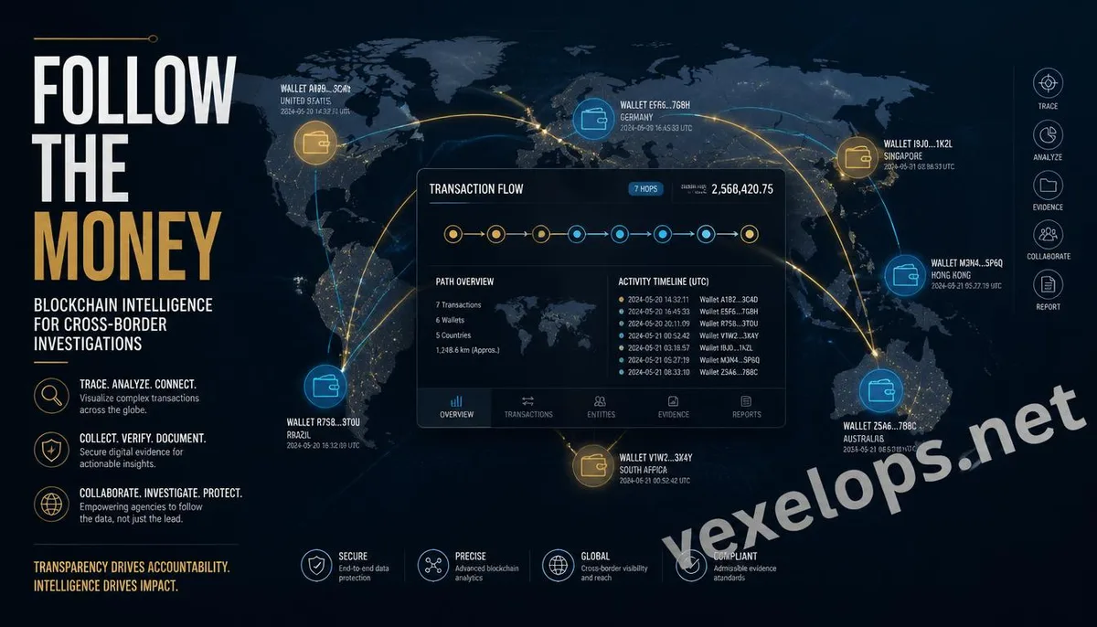 Concept of tracking international cryptocurrency transactions and analyzing blockchain fund flows