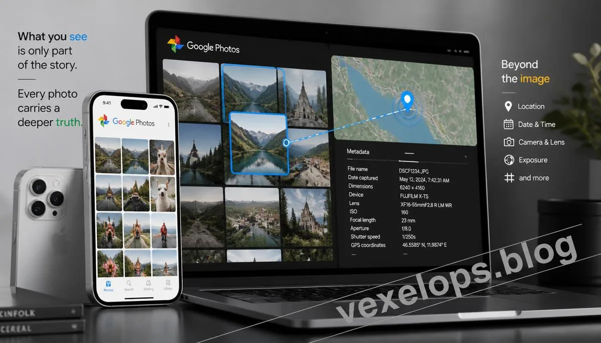 Concept of photo location information and GPS privacy settings within iPhone and Google Photos