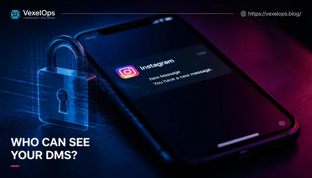 Instagram direct message notifications against a dark background highlighting privacy risks and unknown sources of information.