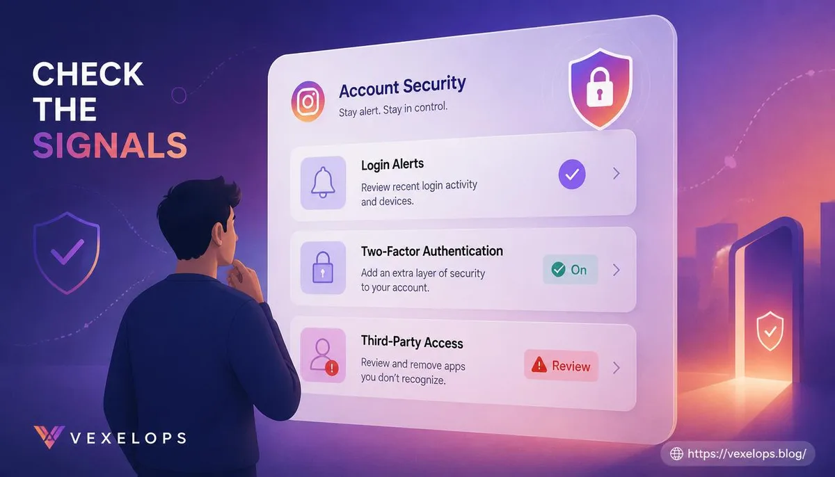An ordinary user checks Instagram account security settings, with the display showing login notifications, two-factor authentication, and abstract interfaces with suspicious