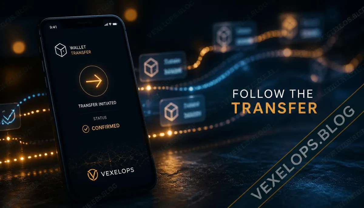 Mobile wallet notification in a dark financial investigation scene, blurred transaction paths, and digital asset risks.