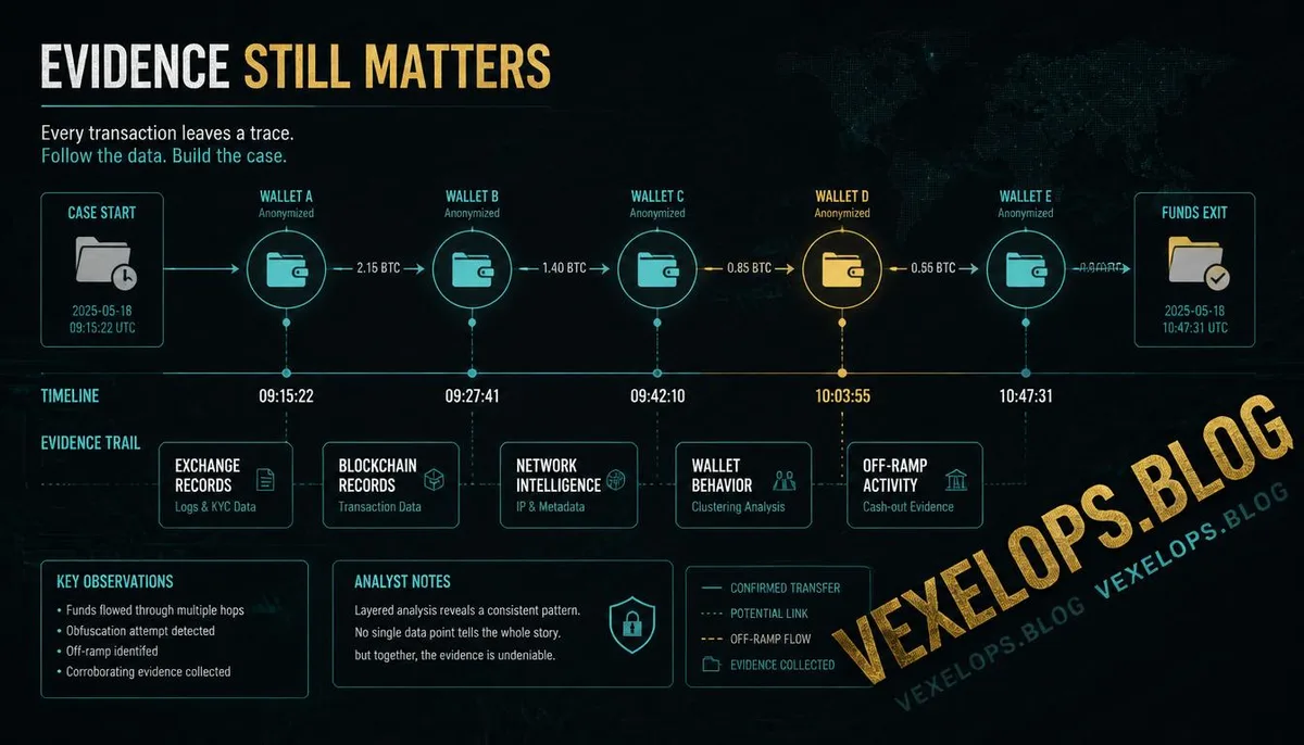 Digital forensics-style cryptocurrency transaction timeline, including abstract wallet addresses, transaction nodes, evidence folders, and investigation clues.
